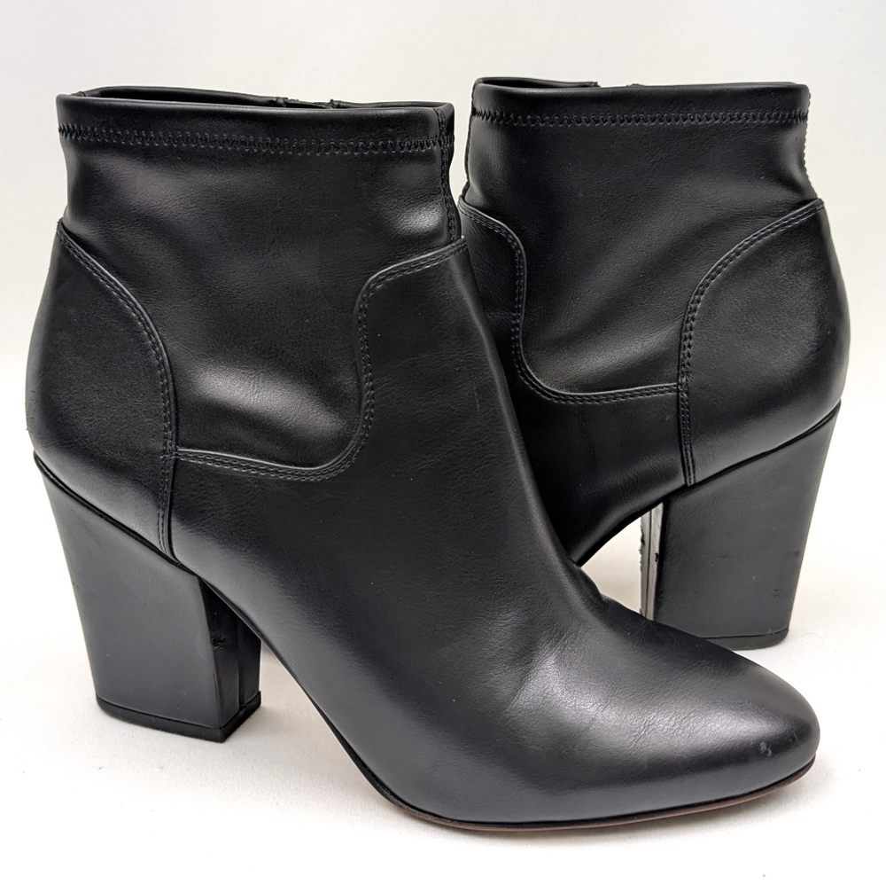 Franco Sarto Francie Ankle Boot Faux Leather Block Heel Side Zip Moto Black 9